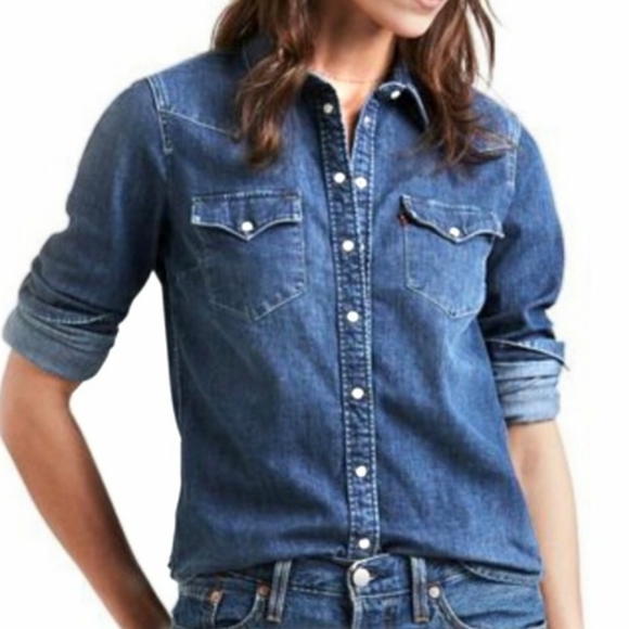 snap button denim shirt
